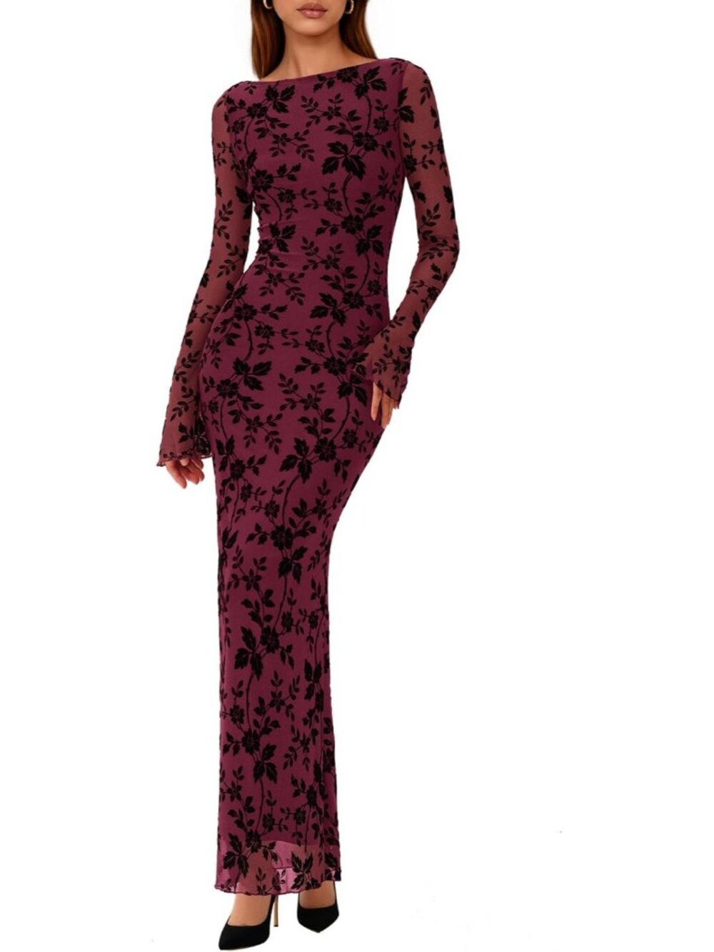 Women's Burgundy Slim Fitted Boat Neck Long Sleeves Floral Bodycon Maxi Dresses